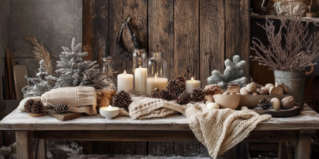 A rustic wooden table adorned with winter-themed decorations, including pinecones, candles, and cozy knitted textilesの素材