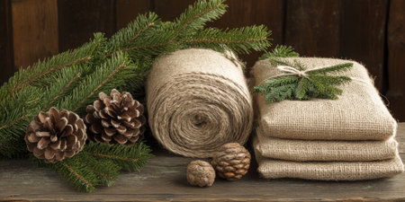Rustic burlap and twine wrapping supplies with sprigs of greenery and pine cones, ready for holiday gift wrappingの素材