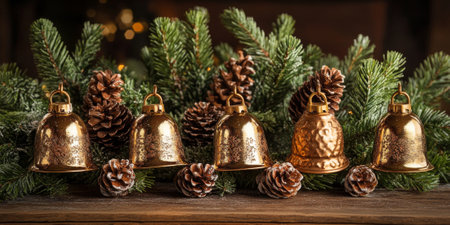 Golden bells and pinecones arranged on a rustic wooden table, capturing the essence of Christmas traditionsの素材