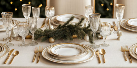 A beautifully set Christmas dinner table with golden cutlery, sparkling glasses, and a centerpiece of pineの素材