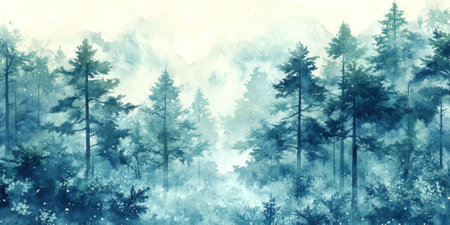 Hand painted watercolor of an enchanted forest scene with tall trees and mistの素材