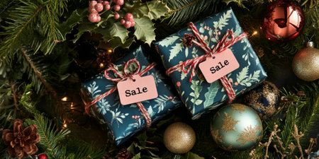 A close-up of beautifully wrapped gifts with âSaleâ tags, set against a festive backdrop of greenery and ornamentsの素材