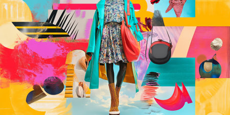 A digital collage of fashion items on sale, with vibrant colors and patterns creating an engaging visual experienceの素材