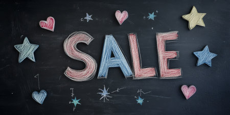 "SALE" written in chalk on a slate background with small illustrations of stars and heartsの素材