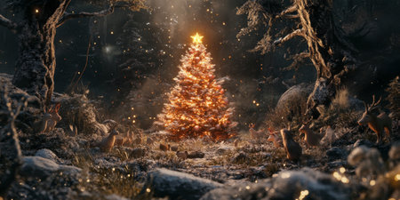 A magical forest scene with a glowing Christmas tree surrounded by woodland creatures celebrating the holidaysの素材