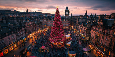 A towering Christmas tree in a bustling city square, drawing crowds with its stunning decorations and vibrant atmosphereの素材