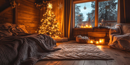 A serene winter cabin scene with a Christmas tree glowing softly in the corner, surrounded by cozy blankets and candlesの素材