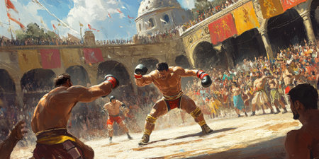 An intense wrestling match captured mid-action, with spectators cheering and colorful banners in the backgroundの素材