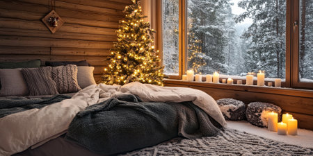 A serene winter cabin scene with a Christmas tree glowing softly in the corner, surrounded by cozy blankets and candlesの素材