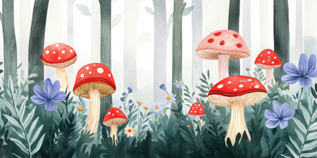 Hand painted watercolor of whimsical mushrooms and wildflowers in a lush forest floorの素材