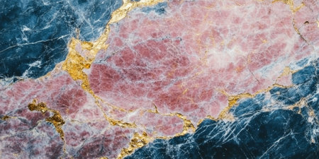 Polished marble surface with veins in light pink, cream, and gold for a luxurious, elegant textureの素材