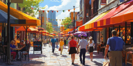 A lively shopping street scene with colorful awnings and enthusiastic shoppers, emphasizing the excitement of a sale eventの素材