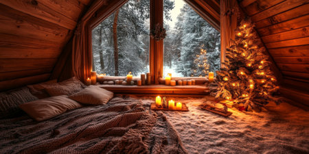 A serene winter cabin scene with a Christmas tree glowing softly in the corner, surrounded by cozy blankets and candlesの素材