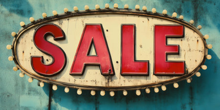 Retro-style "SALE" sign with vintage colors and playful typography, reminiscent of 1950s designの素材