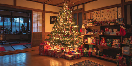 A beautifully decorated Christmas tree glowing with warm lights, surrounded by presents wrapped in colorful paperの素材