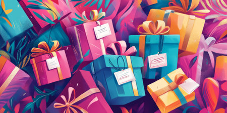A colorful background showing various wrapped gifts with sale tags, emphasizing a joyful holiday shopping experienceの素材