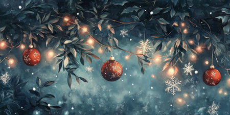 Hand-painted ornaments hanging on a tree, surrounded by softly glowing lights and delicate snowflakesの素材