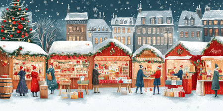 A festive Christmas market scene with stalls filled with handmade crafts and holiday treatsの素材