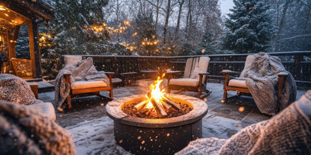 A cozy outdoor scene with a fire pit surrounded by comfortable chairs, covered in blankets, with snow gently fallingの素材