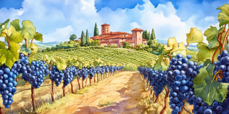 Hand painted watercolor of a sunny day at a vineyard with grape clusters on vinesの素材