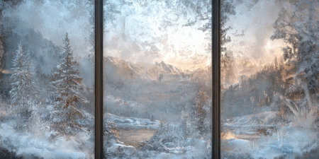 A close-up of frosted windowpanes with delicate ice patterns, revealing a snowy landscape outsideの素材