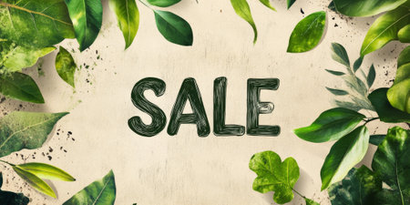 Earthy "SALE" banner with natural textures and green leaves, for eco-friendly and organic promotionsの素材