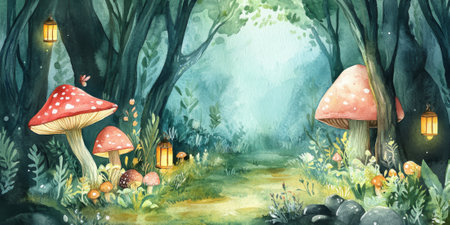 Hand painted watercolor of a whimsical fairy garden with mushrooms and tiny lanternsの素材