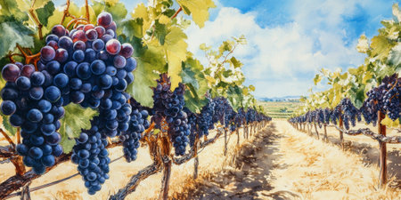 Hand painted watercolor of a sunny day at a vineyard with grape clusters on vinesの素材