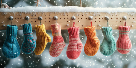 A collection of colorful winter mittens and scarves hanging on a wooden pegboard, set against a soft, snowy backdropの素材