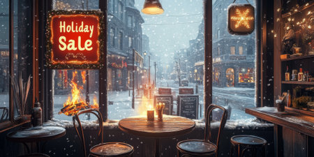 A cozy winter cafe scene with a fire burning and a "Holiday Sale" sign prominently displayed on the windowの素材