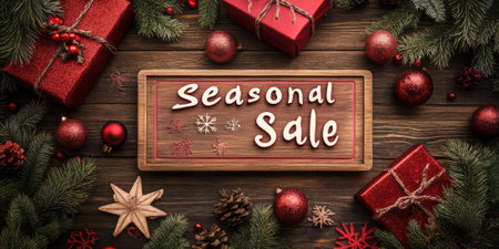A rustic wooden background adorned with holiday decorations and a prominent "Seasonal Sale" announcementの素材