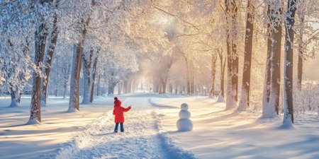 A picturesque scene of a child building a snowman in a winter park, surrounded by trees covered in snowの素材