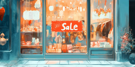 A fun and whimsical illustration of a shop window displaying "Sale" signs and festive decorations, inviting customers inの素材