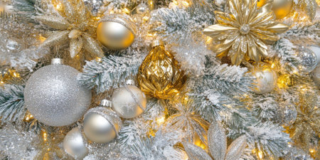 A close-up of a Christmas tree adorned with shimmering gold and silver decorations, capturing the festive spiritの素材