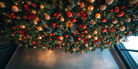A unique upside-down Christmas tree hanging from the ceiling, creating an eye-catching and festive focal pointの素材