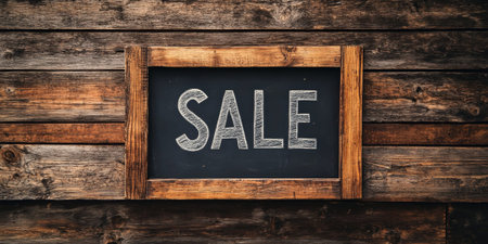 Rustic wooden background with a chalkboard-style "SALE" announcement, warm and cozy for a homey feelの素材