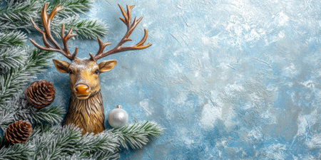 Reindeer figurine with pine branches and ornaments on a frosty blue and silver backgroundの素材