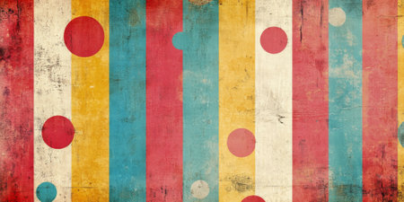 Colorful circus-themed background with stripes and polka dots, evoking a fun and playful atmosphereの素材