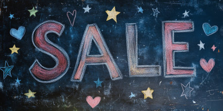 "SALE" written in chalk on a slate background with small illustrations of stars and heartsの素材