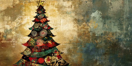 A hand-painted Christmas tree design with unique patterns and textures, showcasing artistic creativityの素材