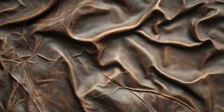 Worn leather texture in a dark brown shade with natural creases and weathered spotsの素材