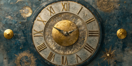 A mystical clock with celestial symbols, representing the connection between time and the universe's magicの素材