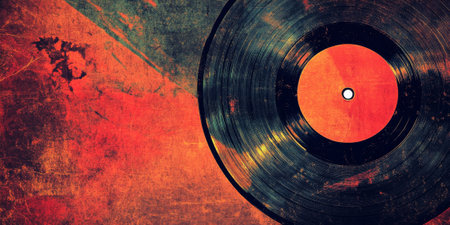 Retro vinyl record background with grooves and scratches, ideal for music-themed designsの素材