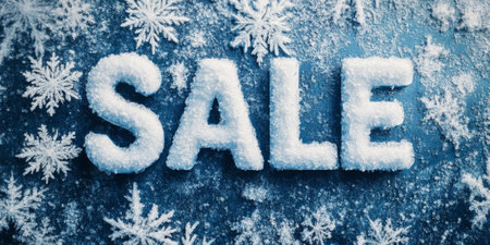 Snowy "SALE" banner with frosty textures and cool blue tones, perfect for a winter saleの素材