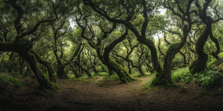 An ancient forest with twisted trees and magical creatures, where every moment feels enchanted and timelessの素材
