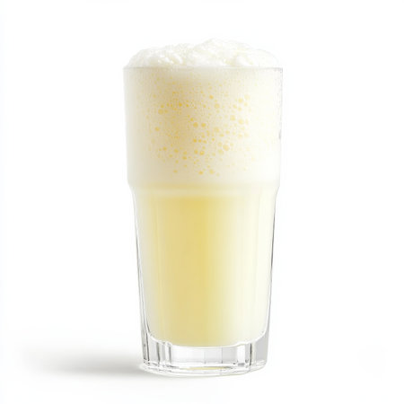 A tall glass of chilled buttermilk, with a frothy surface, isolated on a white background to emphasize freshnessの素材