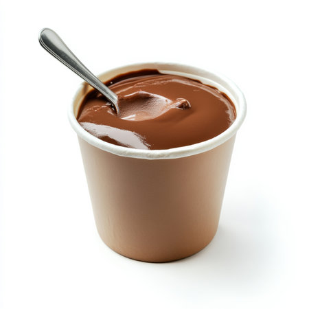 A creamy milk chocolate yogurt cup with spoon, isolated on a white background, showing smooth texture and sweet appearanceの素材