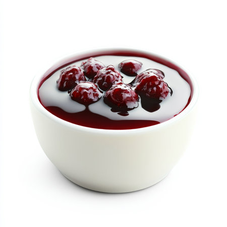A serving of creamy panna cotta with berry sauce, isolated on a white background, highlighting its silky texture and dessert appealの素材