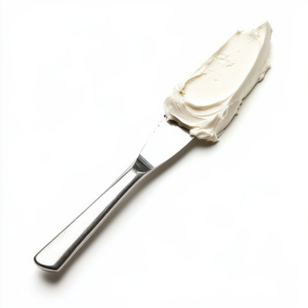 A soft slice of cream cheese spread evenly on a knife, isolated on a white background to showcase the smooth and creamy textureの素材