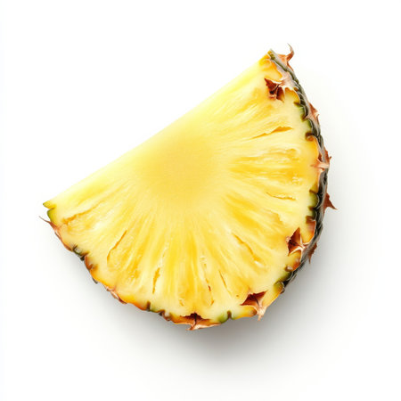 A juicy slice of pineapple with visible textures, isolated on a white background, highlighting tropical freshnessの素材